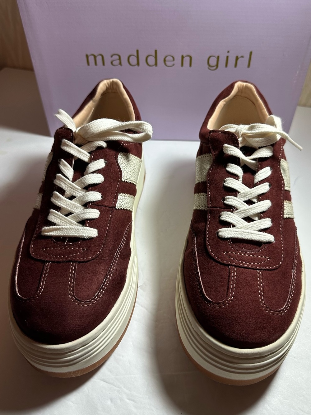 Madden Girl Burgundy Suede Platform Sneakers with Cream Accents